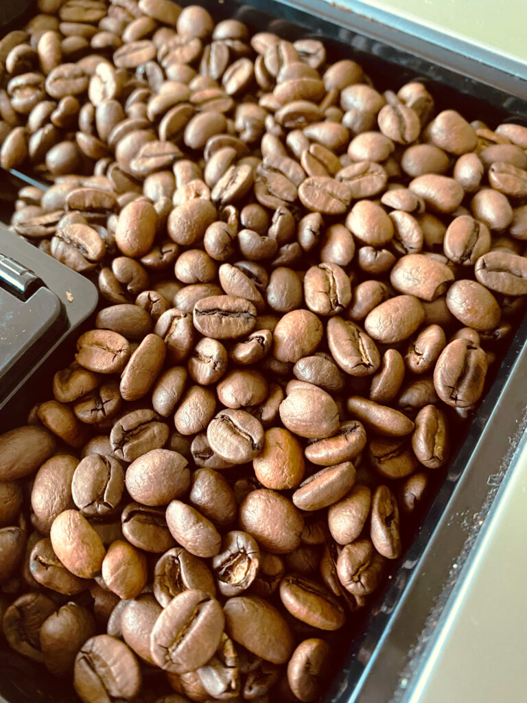 Blick auf einen prallgefüllten Behälter mit frischen Kaffeebohnen.