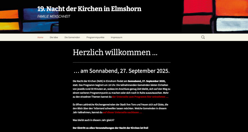 Bildschirmfoto der Startseite der offiziellen Website der Nacht der Kirchen in Elmshorn.
